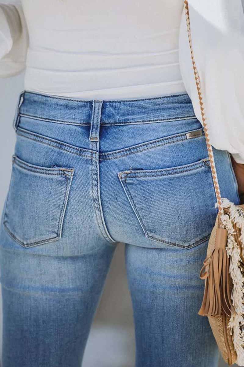 Noveify Mid Rise Button Front Flare Denim Jeans