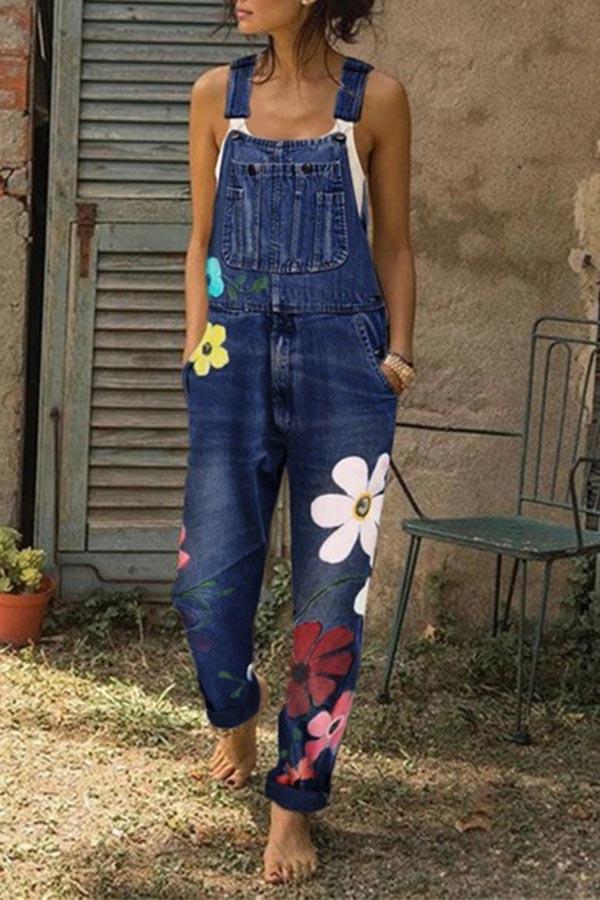 Noveify Flower-printed Baggy Jeans With Suspenders(3 Colors)