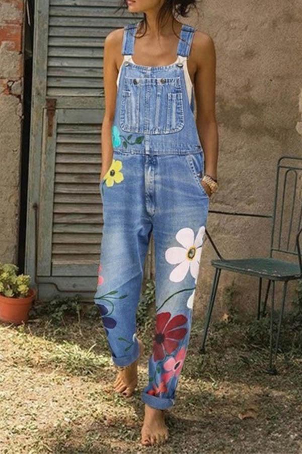 Noveify Flower-printed Baggy Jeans With Suspenders(3 Colors)
